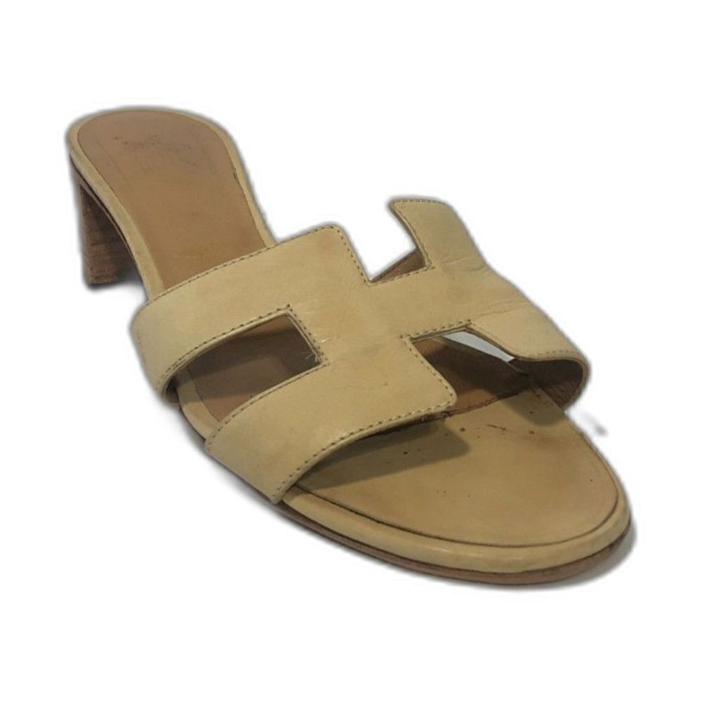 HERMES Oasis "H" Cut Out Sandals Women's Size 6.5 Cream Tan Block Heel Shoe - Picture 14 of 15
